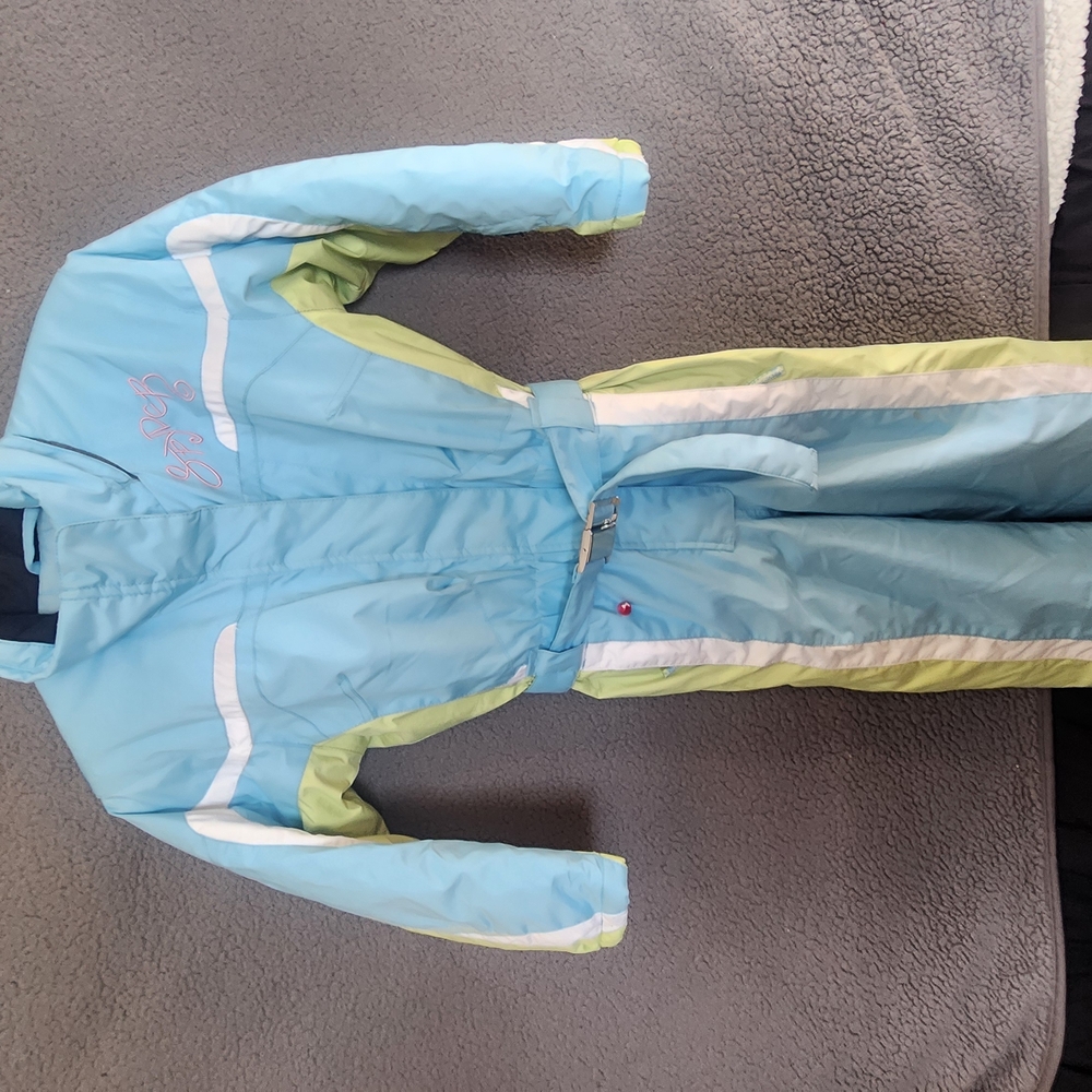 Blue and Green Ski Suit